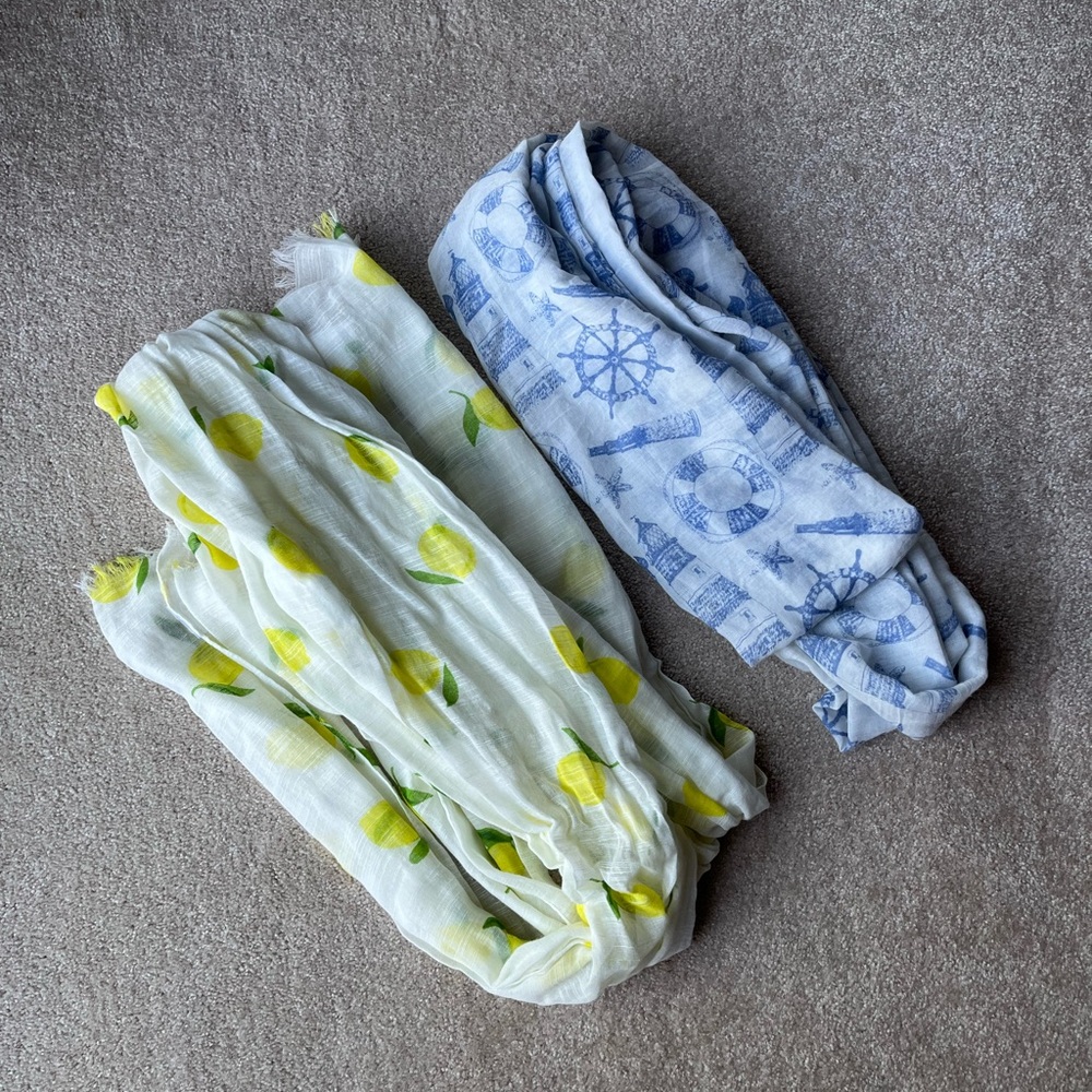 Bundle of two summer weight linen scarves lemon print and nautical print